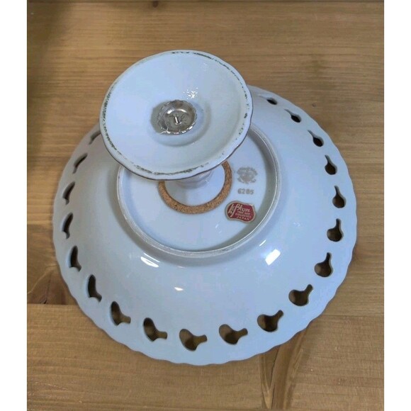 Lefton Vintage Hand Painted Pedestal Pierced Compote Dish Gilded Fruit 7x4" - Picture 5 of 9